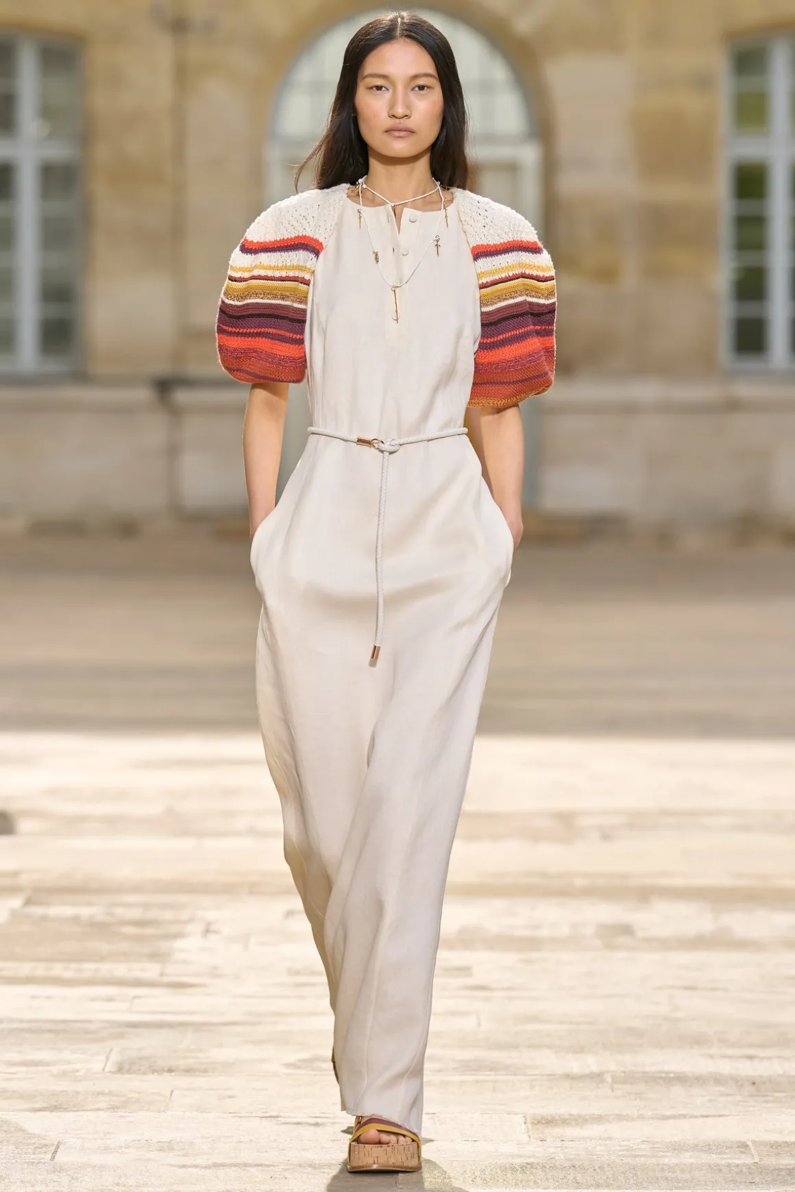 Nomo Crochet Puff Sleeve Maxi Dress in Ivory Textured Linen Twill