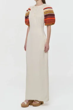 Nomo Crochet Puff Sleeve Maxi Dress in Ivory Textured Linen Twill