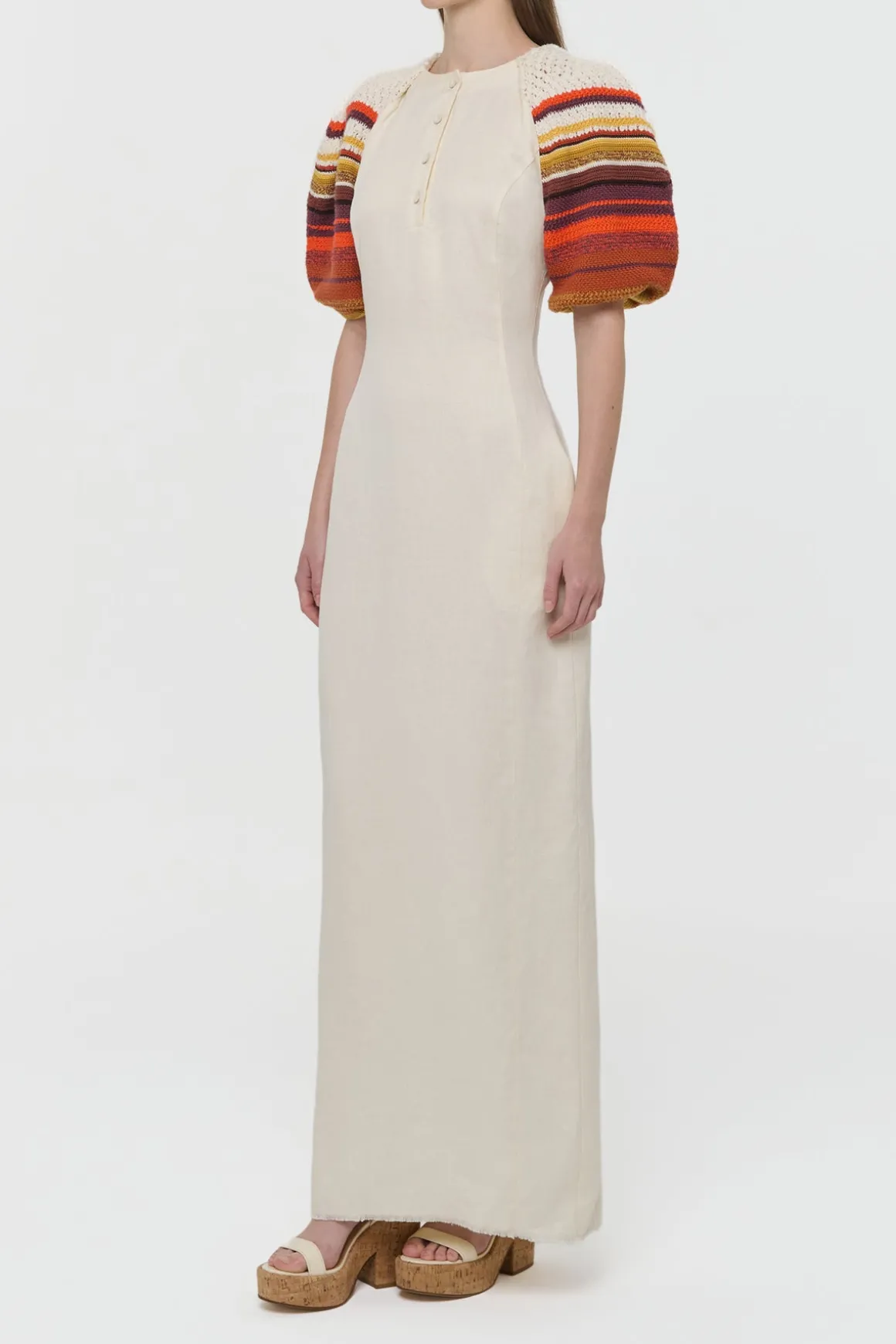 Nomo Crochet Puff Sleeve Maxi Dress in Ivory Textured Linen Twill