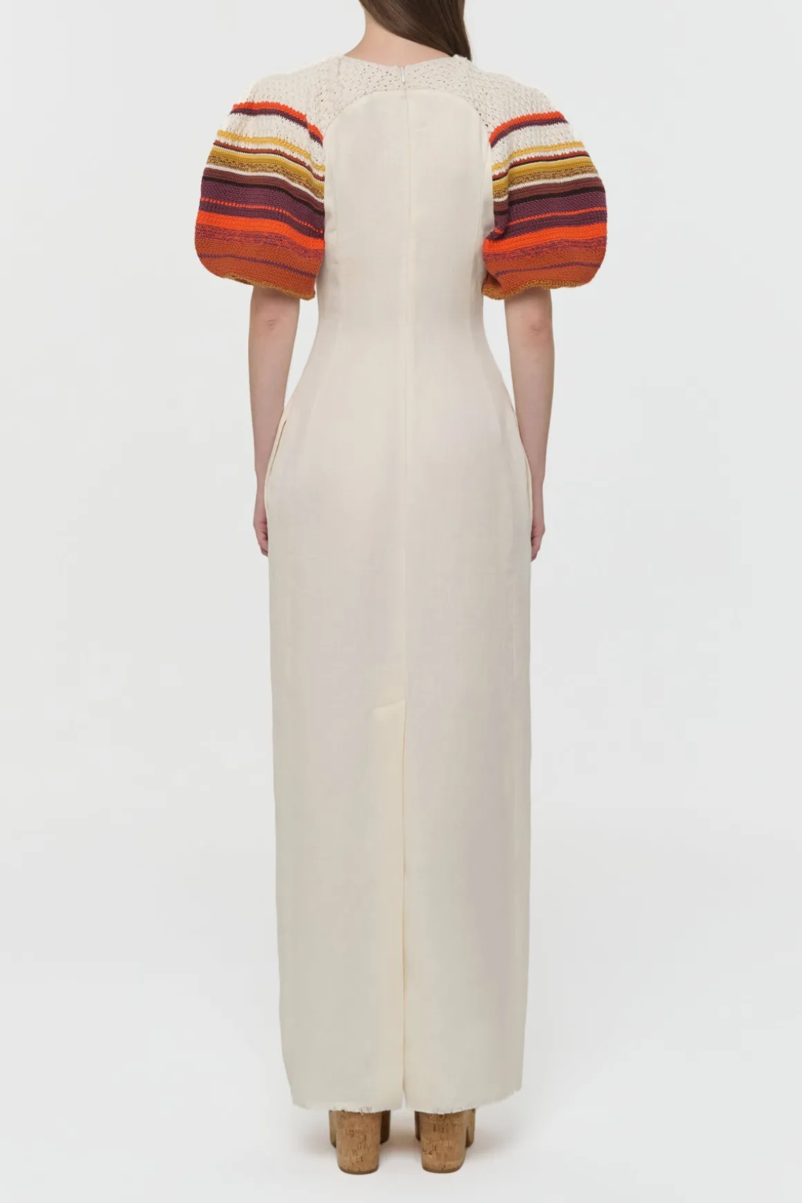 Nomo Crochet Puff Sleeve Maxi Dress in Ivory Textured Linen Twill