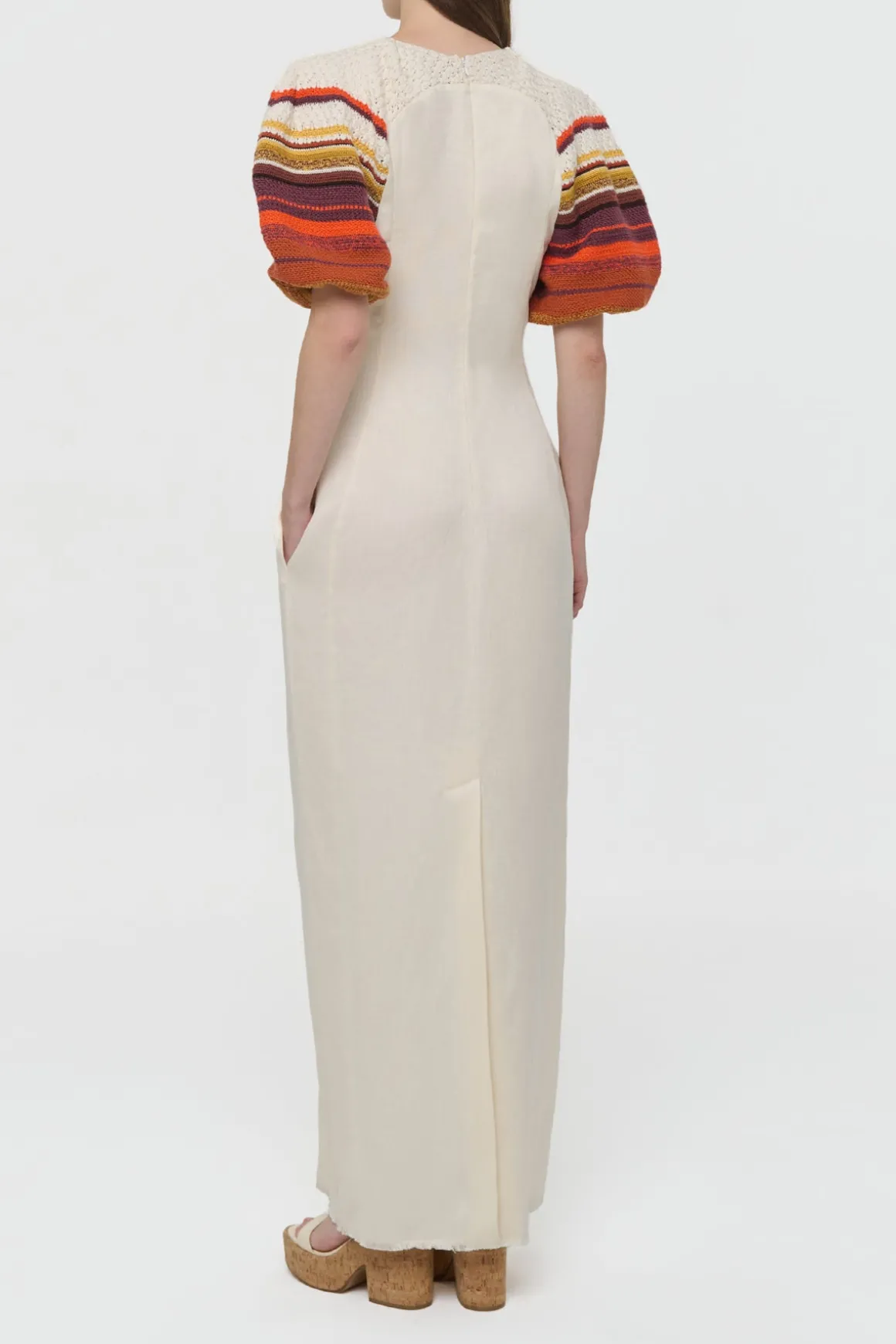 Nomo Crochet Puff Sleeve Maxi Dress in Ivory Textured Linen Twill