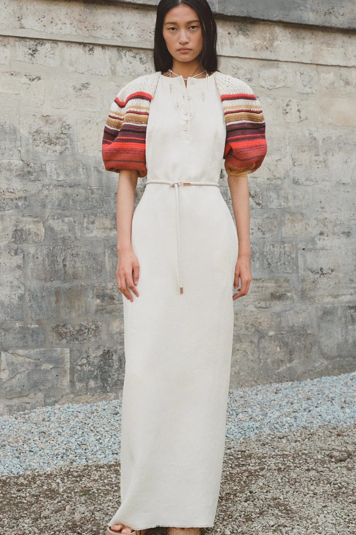 Nomo Crochet Puff Sleeve Maxi Dress in Ivory Textured Linen Twill