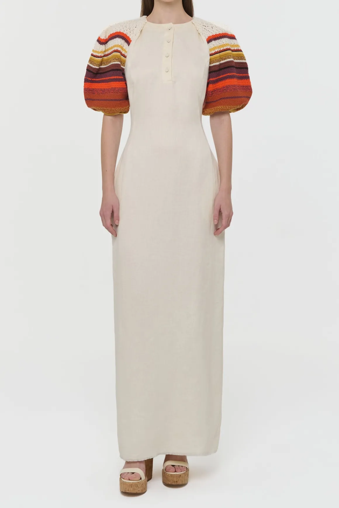 Nomo Crochet Puff Sleeve Maxi Dress in Ivory Textured Linen Twill