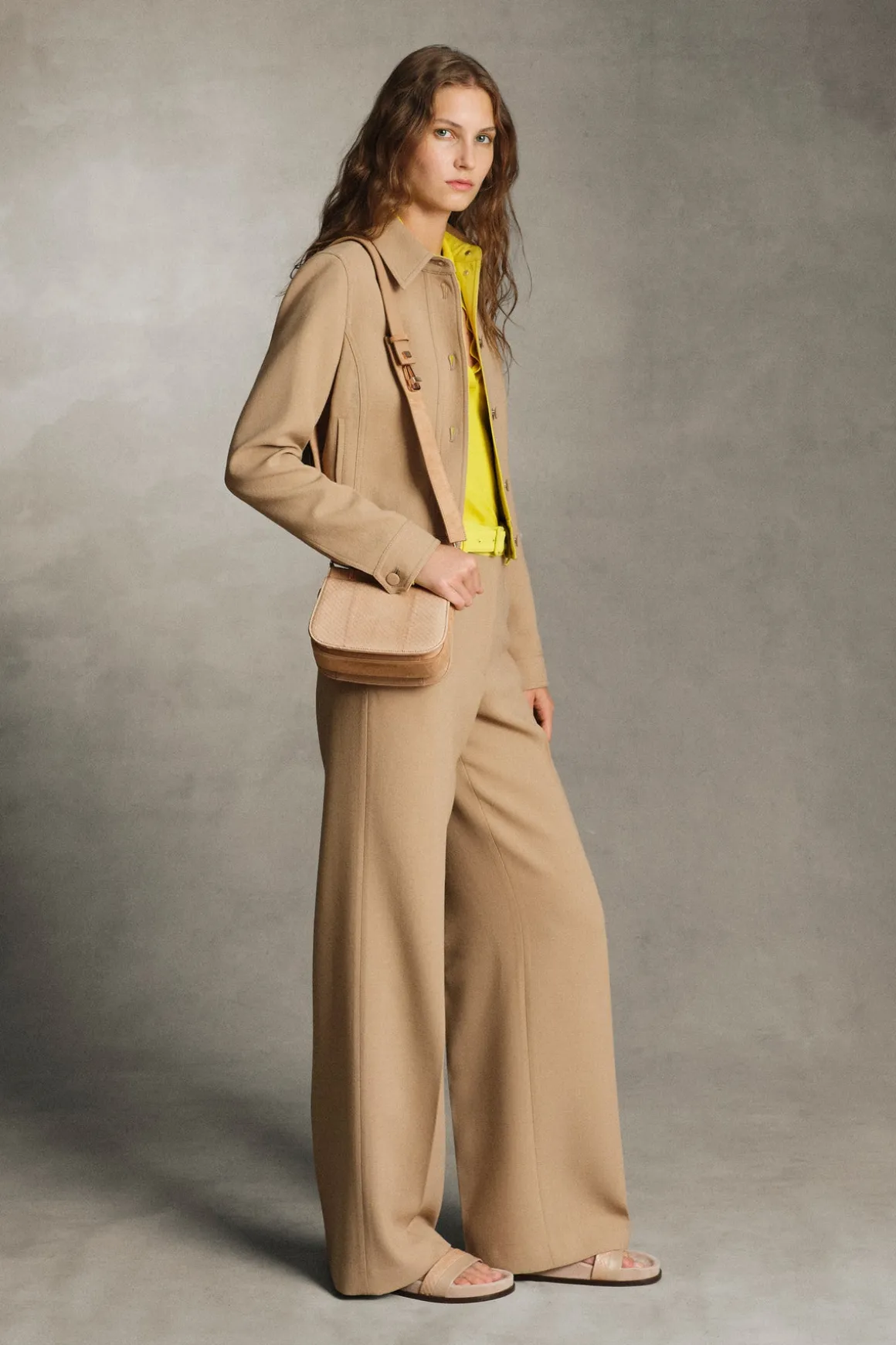 Norman Wide-leg Pant in Camel & Citrine Virgin Wool Crepe