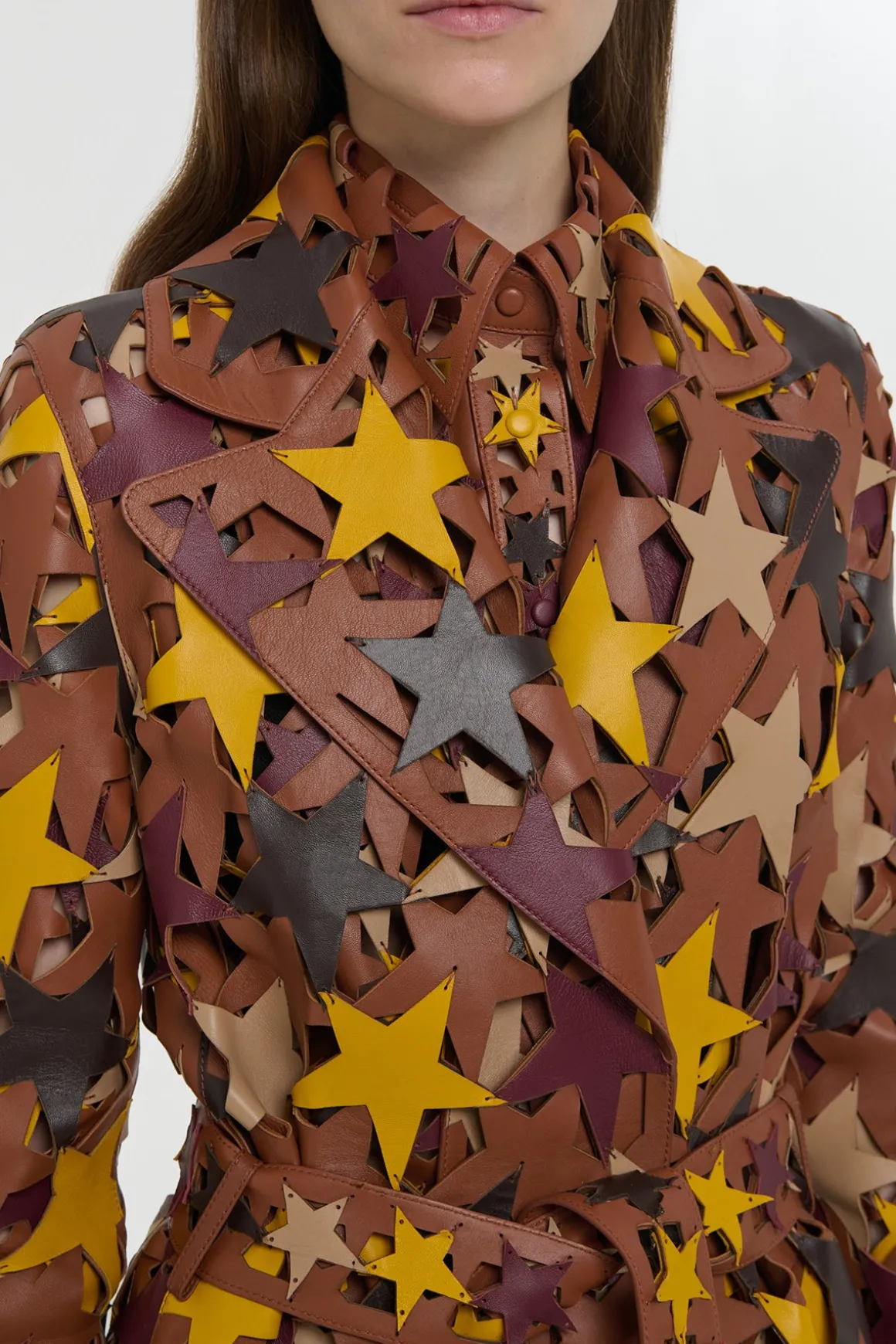Nuria Patchwork Stars Trench Coat In Multi Nappa Leather
