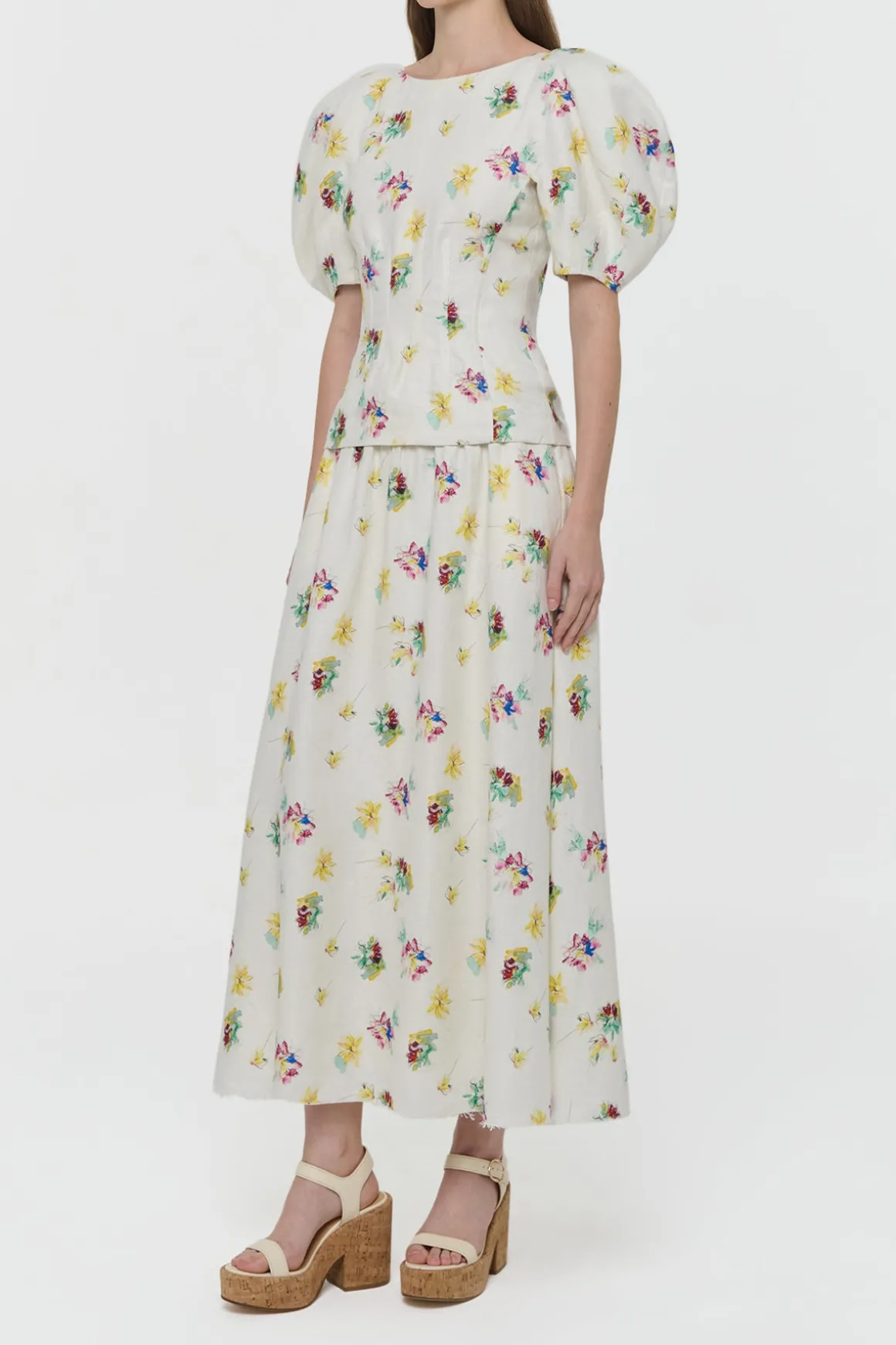 Penelope Mia's Flowers Maxi Skirt in Ivory Muli Printed Linen Twill