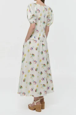 Penelope Mia's Flowers Maxi Skirt in Ivory Muli Printed Linen Twill