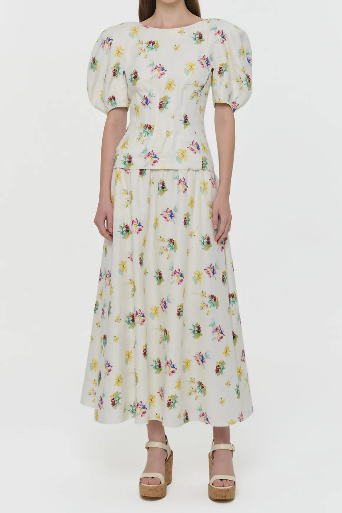 Penelope Mia's Flowers Maxi Skirt in Ivory Muli Printed Linen Twill