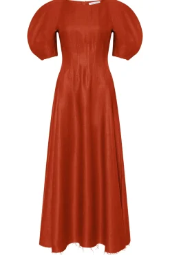 Ranya Puff Sleeve Maxi Dress in Antelope Orange Linen Twill