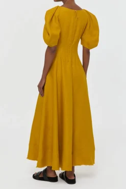 Ranya Puff Sleeve Maxi Dress in Golden Birch Linen Twill