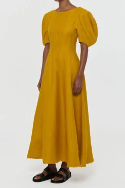 Ranya Puff Sleeve Maxi Dress in Golden Birch Linen Twill