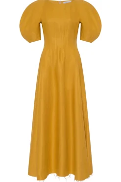 Ranya Puff Sleeve Maxi Dress in Golden Birch Linen Twill