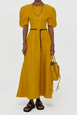 Ranya Puff Sleeve Maxi Dress in Golden Birch Linen Twill