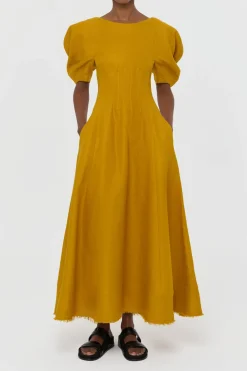 Ranya Puff Sleeve Maxi Dress in Golden Birch Linen Twill