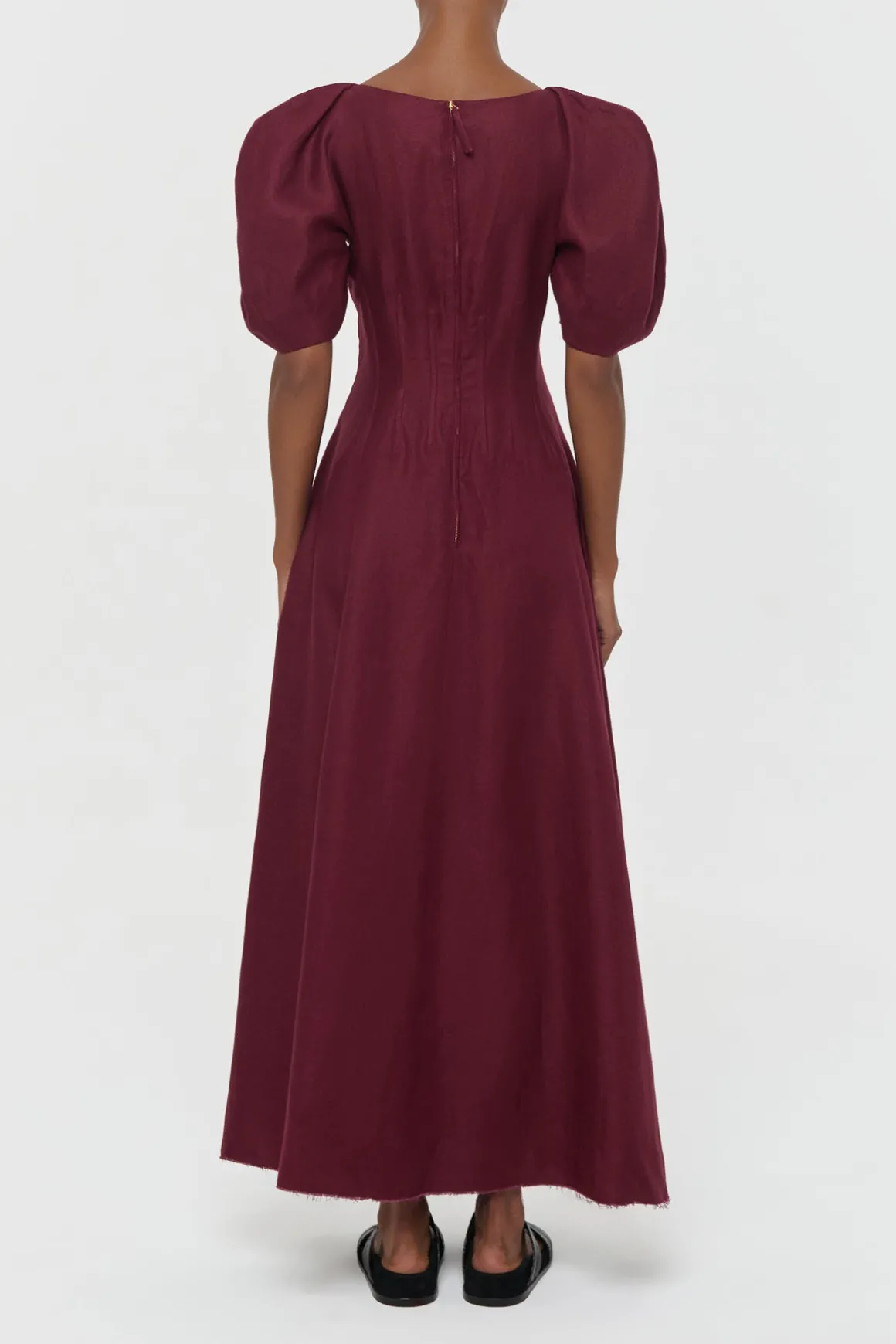 Ranya Puff Sleeve Maxi Dress in Bordeaux Linen Twill