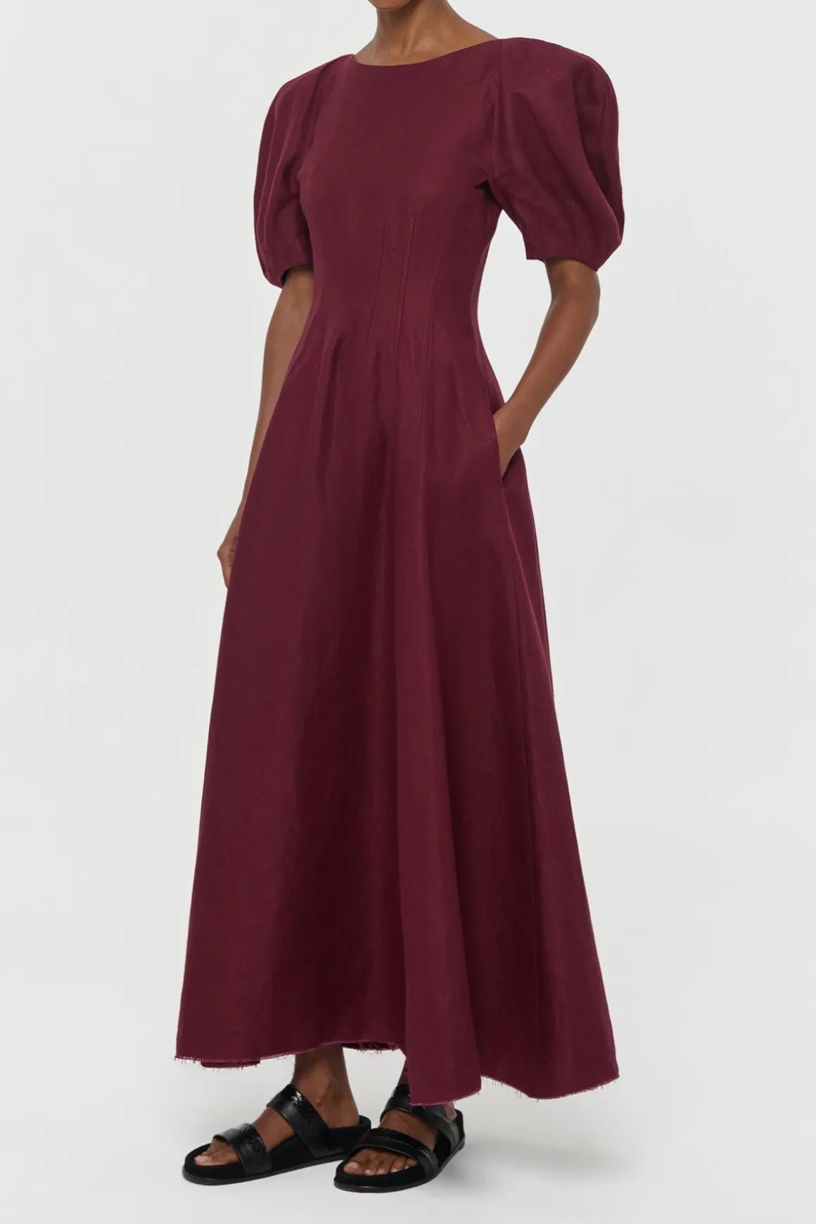 Ranya Puff Sleeve Maxi Dress in Bordeaux Linen Twill