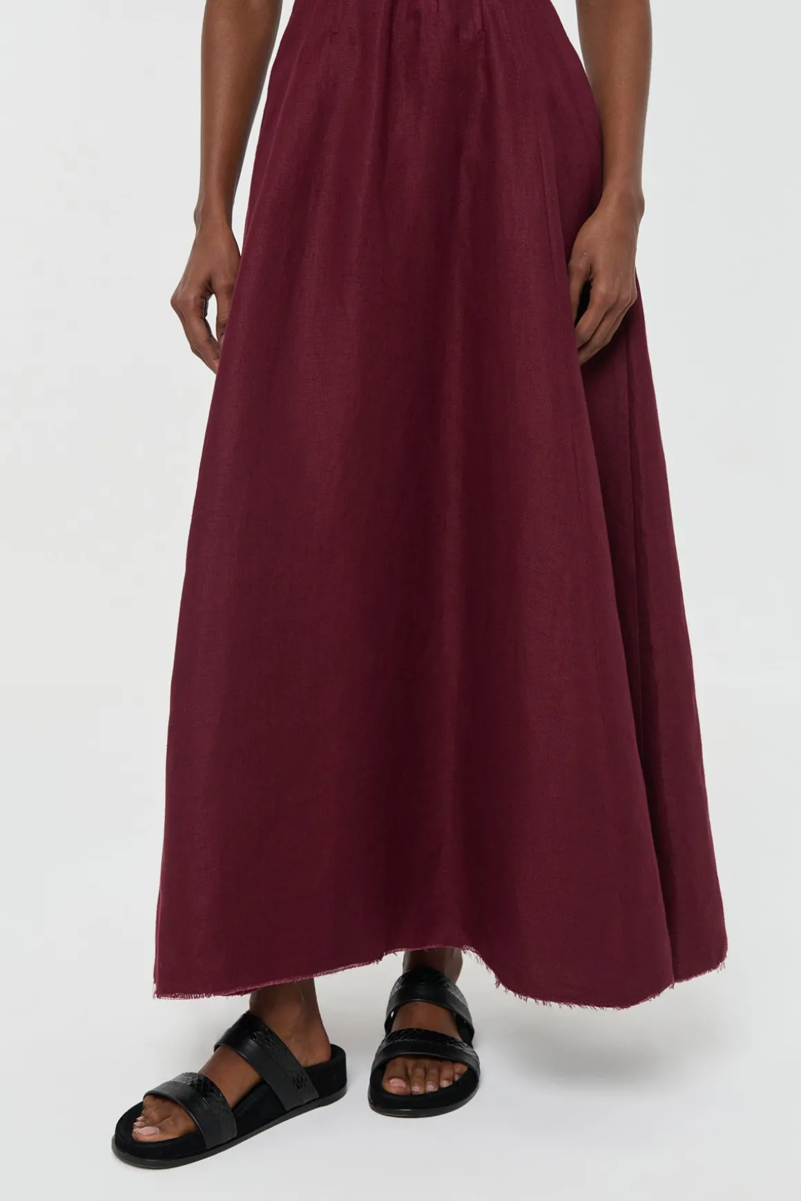 Ranya Puff Sleeve Maxi Dress in Bordeaux Linen Twill