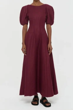 Ranya Puff Sleeve Maxi Dress in Bordeaux Linen Twill