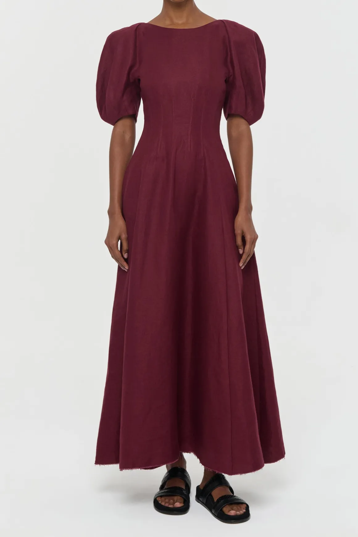 Ranya Puff Sleeve Maxi Dress in Bordeaux Linen Twill