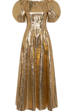 Ranya Puff Sleeve Maxi Dress in Metallic Gold Linen Twill