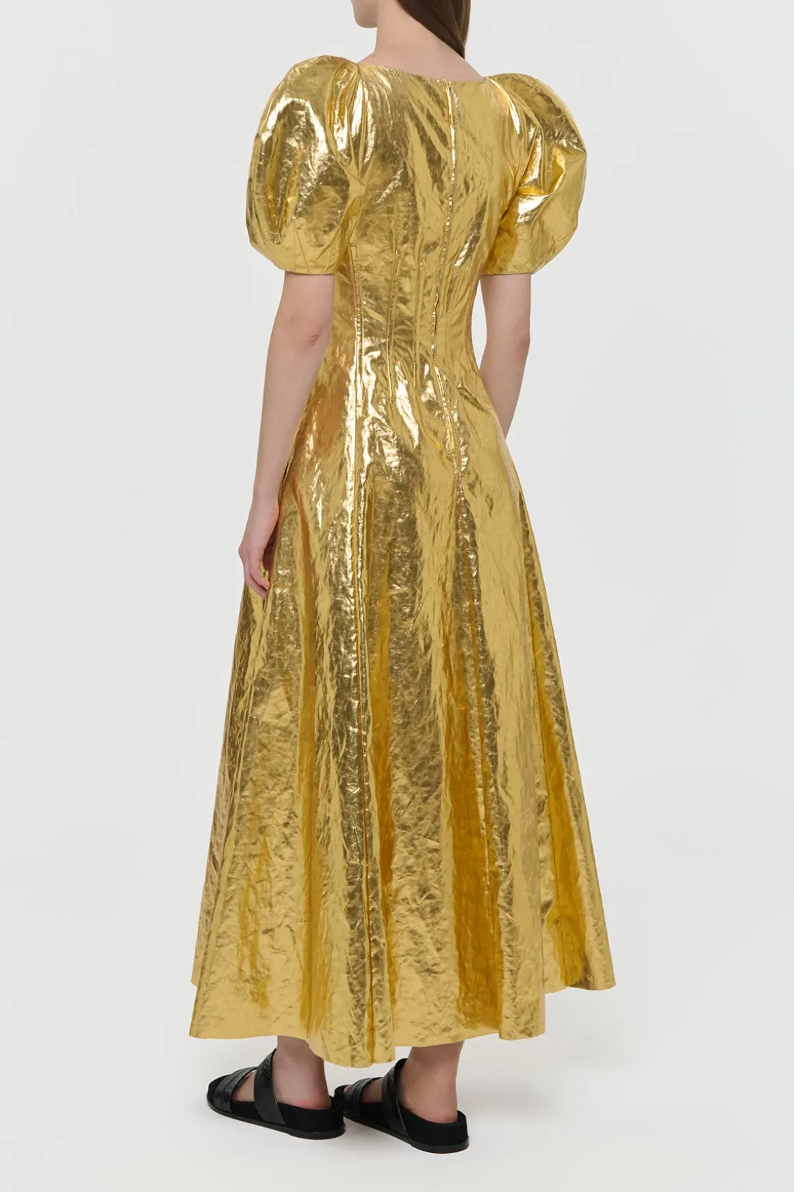 Ranya Puff Sleeve Maxi Dress in Metallic Gold Linen Twill