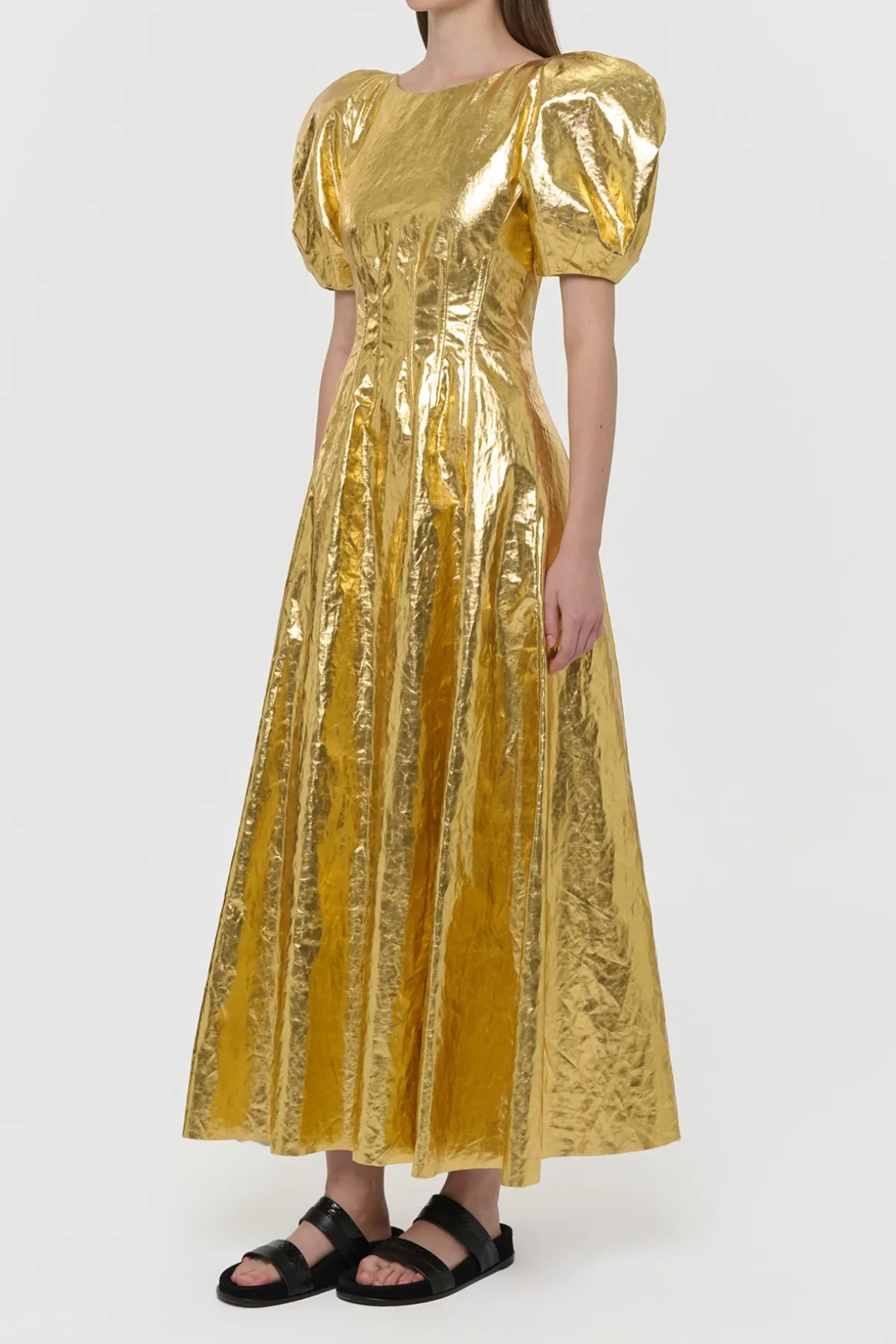 Ranya Puff Sleeve Maxi Dress in Metallic Gold Linen Twill