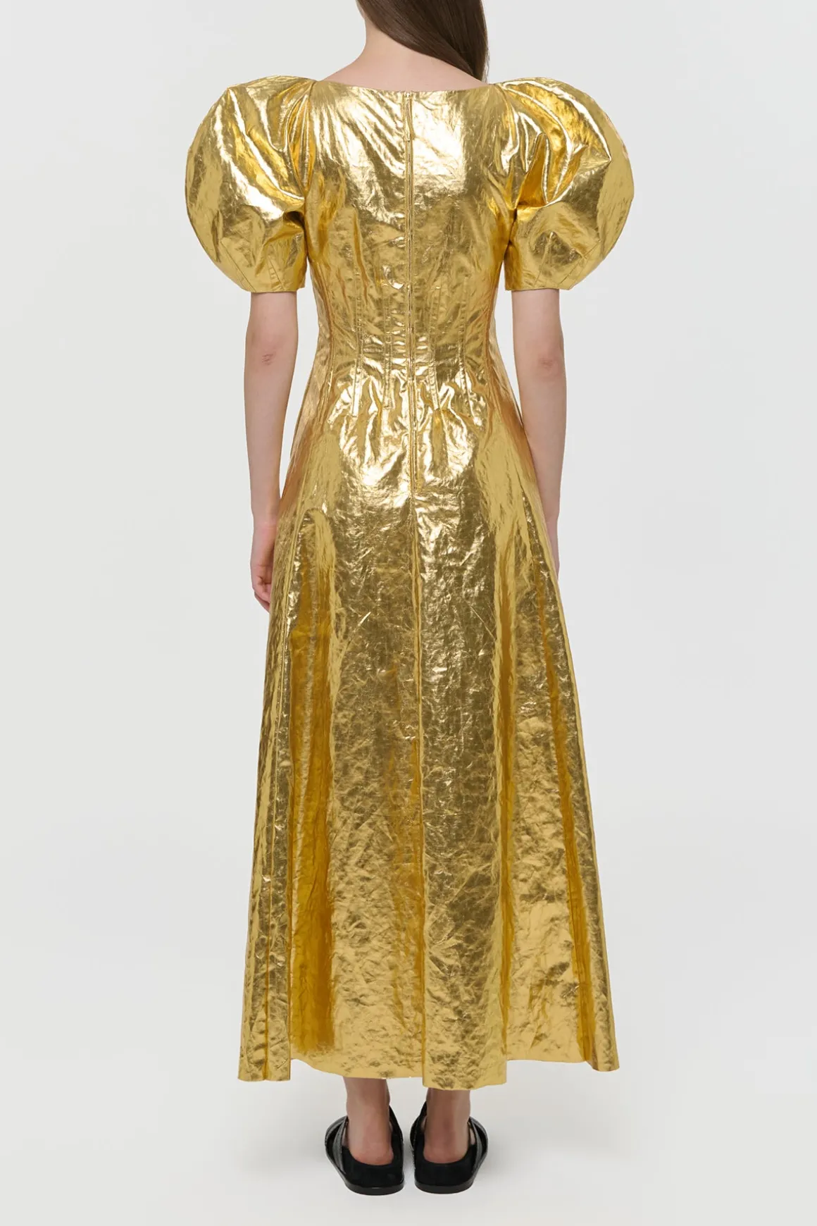 Ranya Puff Sleeve Maxi Dress in Metallic Gold Linen Twill