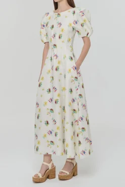 Ranya Puff Sleeve Mia's Flowers Maxi Dress in Ivory Multi Printed Linen Twill