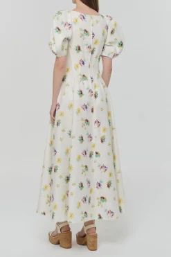 Ranya Puff Sleeve Mia's Flowers Maxi Dress in Ivory Multi Printed Linen Twill