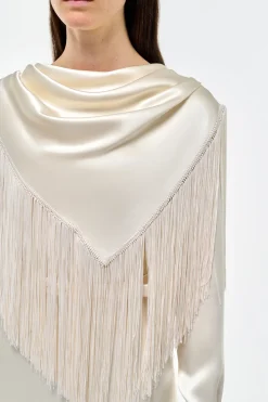 Rouge Fringe Scarf Dress in Ivory Silk Satin