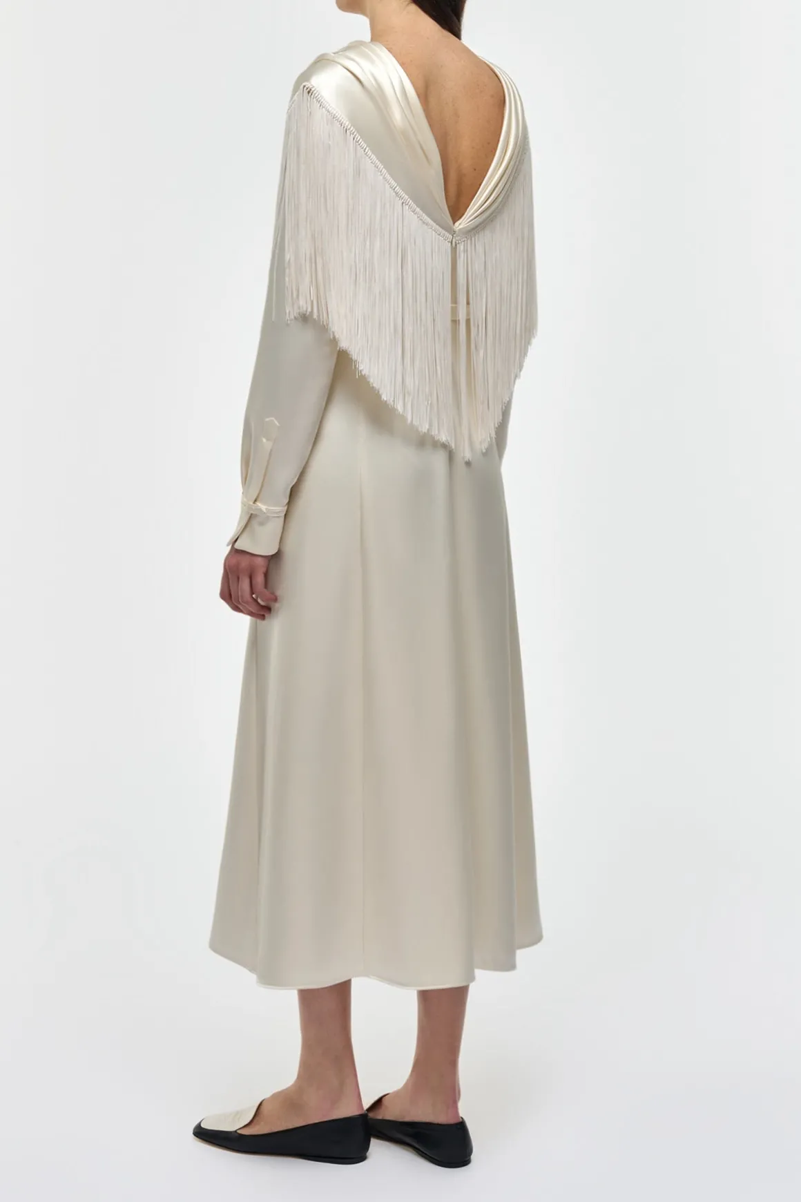 Rouge Fringe Scarf Dress in Ivory Silk Satin