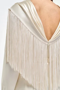 Rouge Fringe Scarf Dress in Ivory Silk Satin