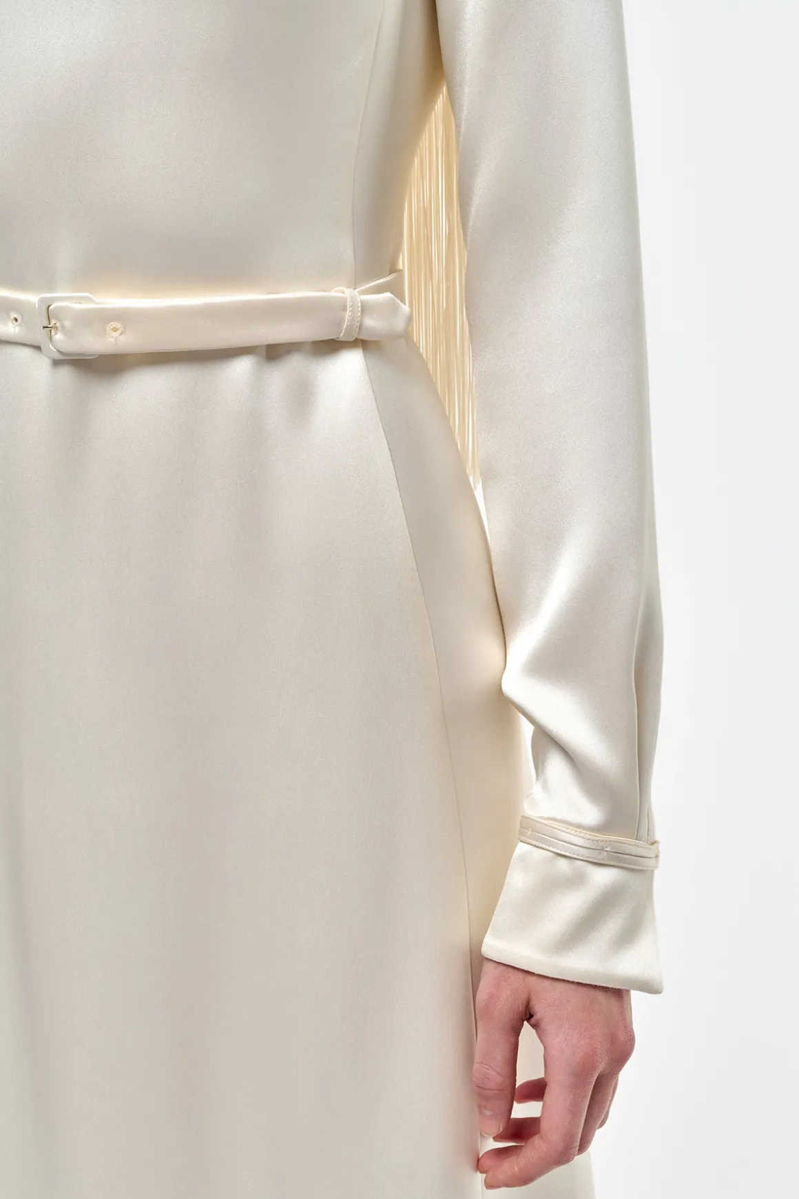 Rouge Fringe Scarf Dress in Ivory Silk Satin