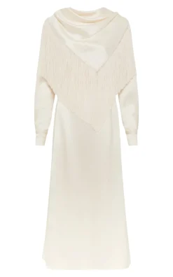 Rouge Fringe Scarf Dress in Ivory Silk Satin
