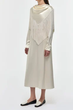 Rouge Fringe Scarf Dress in Ivory Silk Satin