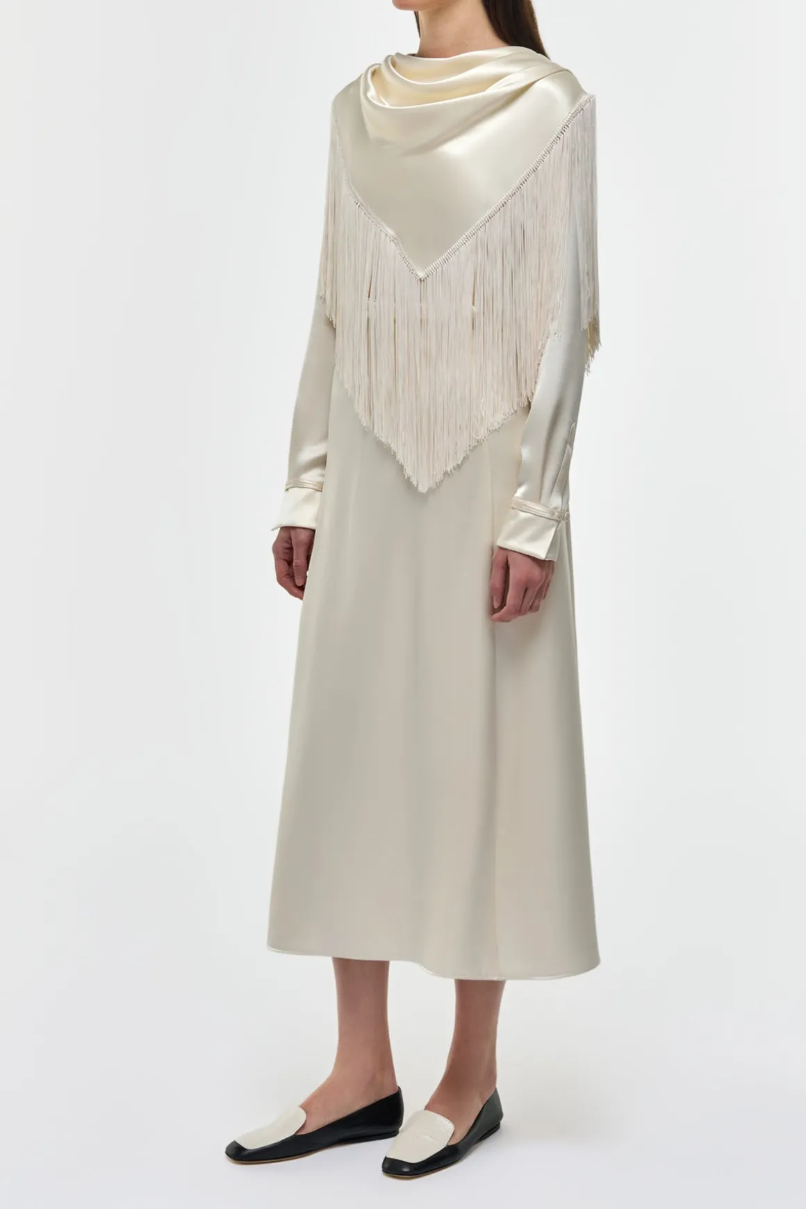 Rouge Fringe Scarf Dress in Ivory Silk Satin