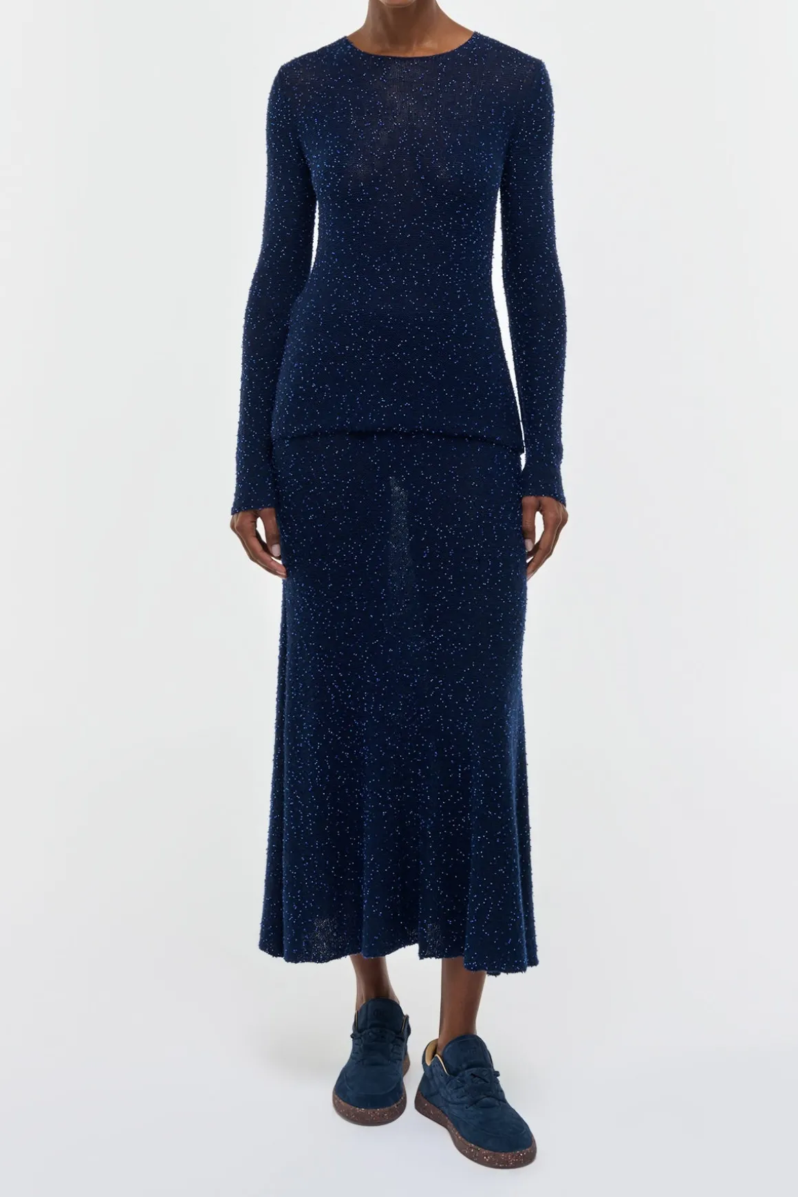 Sabine Knit Midi Skirt in Electric Navy Beaded Cashmere Silk