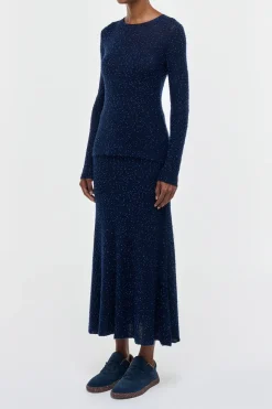 Sabine Knit Midi Skirt in Electric Navy Beaded Cashmere Silk