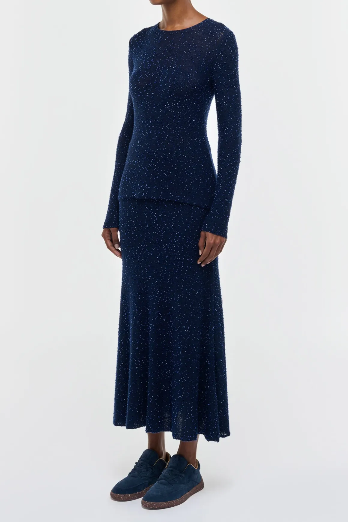 Sabine Knit Midi Skirt in Electric Navy Beaded Cashmere Silk