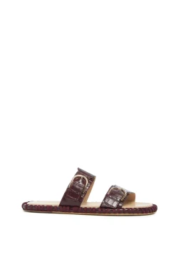 Sage Flat Sandal in Bordeaux Crocodile Embossed Leather