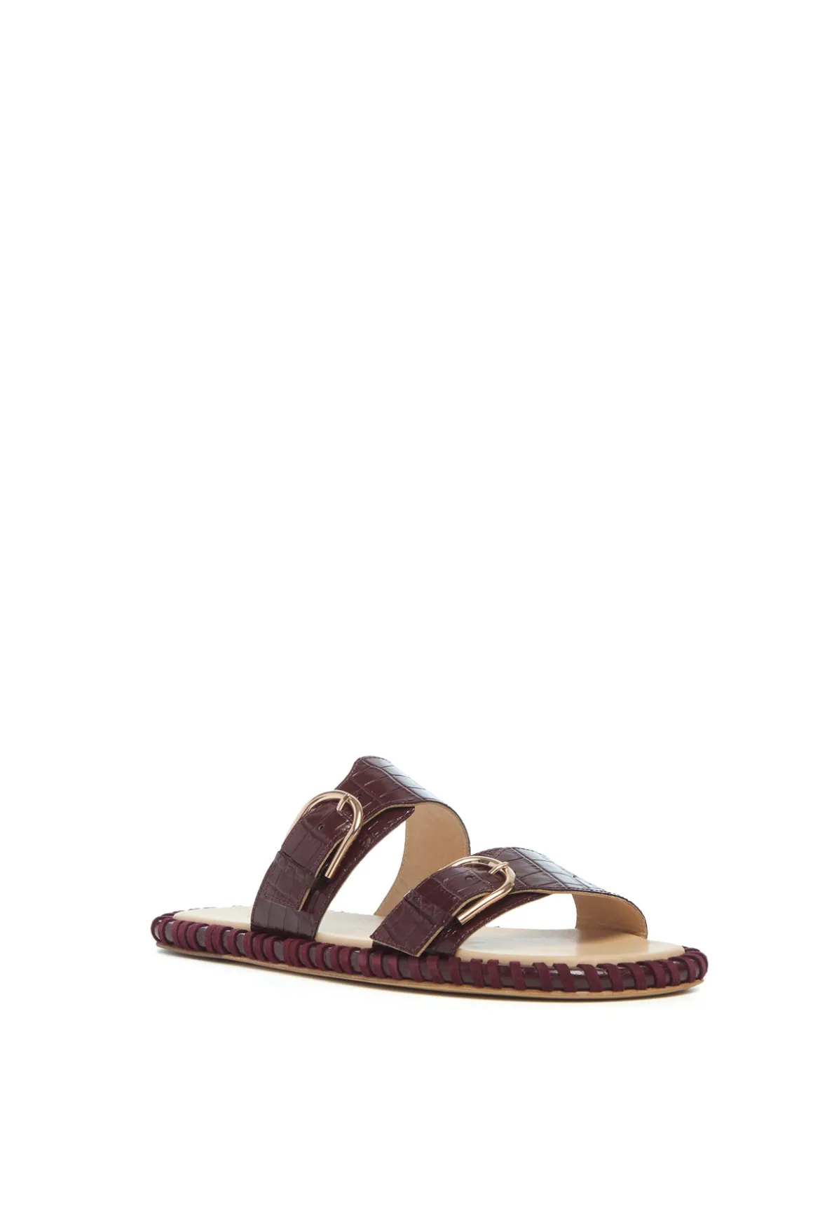 Sage Flat Sandal in Bordeaux Crocodile Embossed Leather