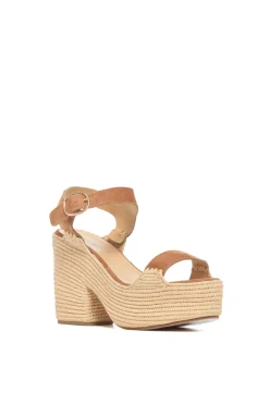 Sardis Platform Sandal in Camel Suede & Natural Raffia
