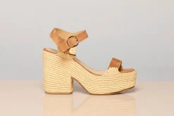 Sardis Platform Sandal in Camel Suede & Natural Raffia