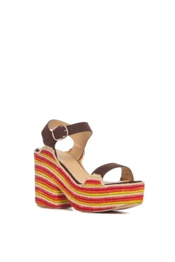 Sardis Platform Sandal in Dark Chocolate Multi Suede & Natural Raffia