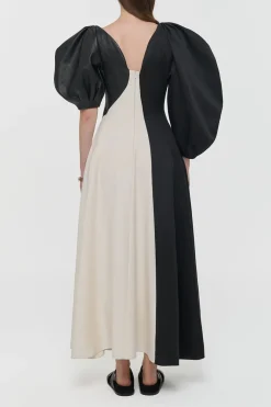 Sephir Puff Sleeve Maxi Dress in Ivory Silk Wool Cady, Black Linen Slub & Leather