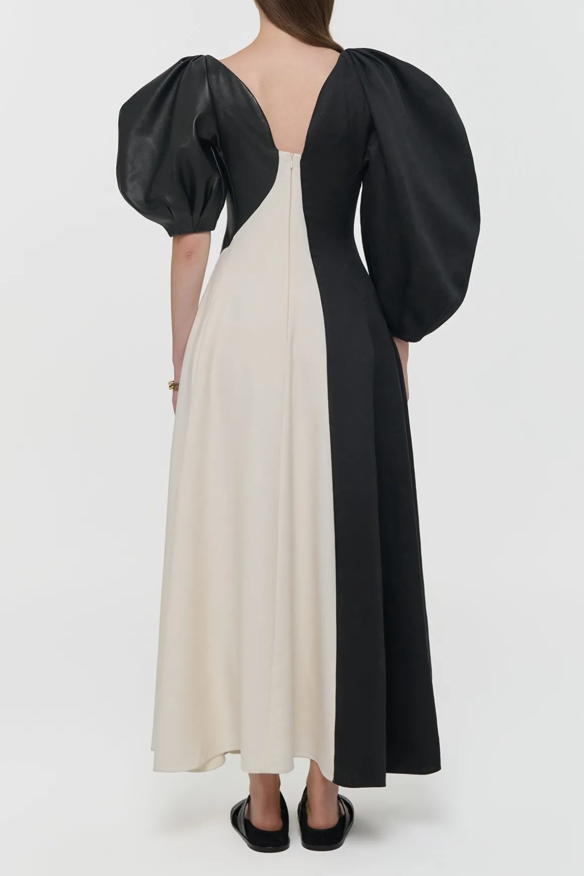 Sephir Puff Sleeve Maxi Dress in Ivory Silk Wool Cady, Black Linen Slub & Leather
