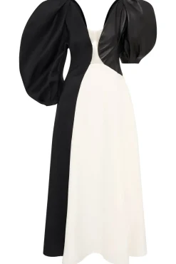 Sephir Puff Sleeve Maxi Dress in Ivory Silk Wool Cady, Black Linen Slub & Leather