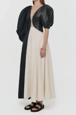 Sephir Puff Sleeve Maxi Dress in Ivory Silk Wool Cady, Black Linen Slub & Leather