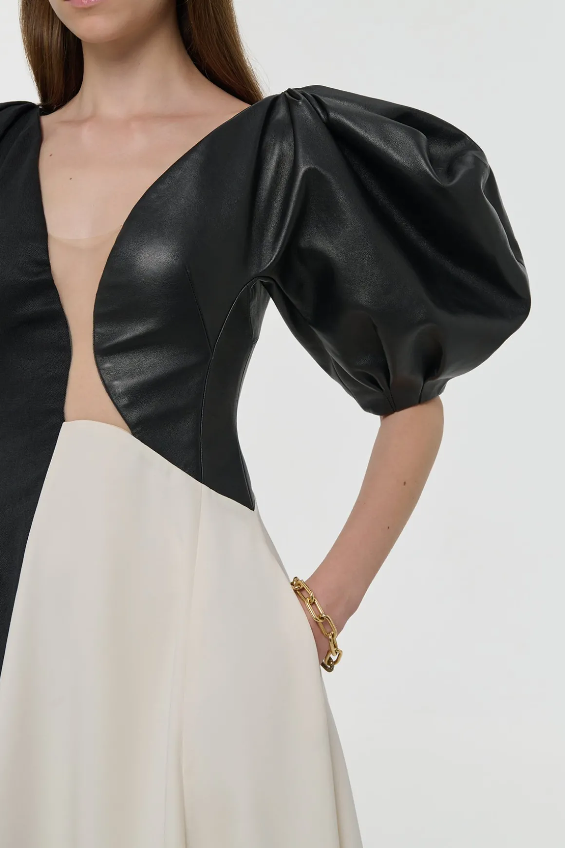 Sephir Puff Sleeve Maxi Dress in Ivory Silk Wool Cady, Black Linen Slub & Leather