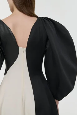 Sephir Puff Sleeve Maxi Dress in Ivory Silk Wool Cady, Black Linen Slub & Leather